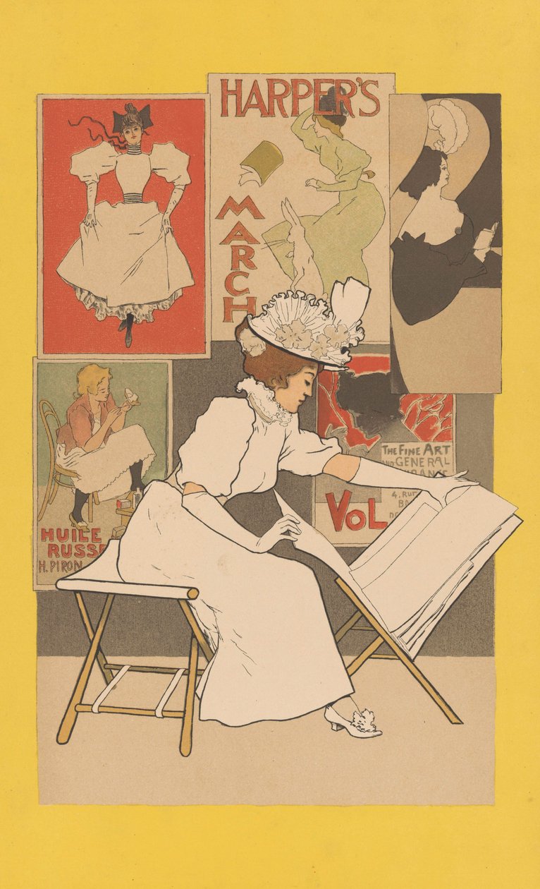 Femme assise à un stand regardant des estampes - Armand Rassenfosse