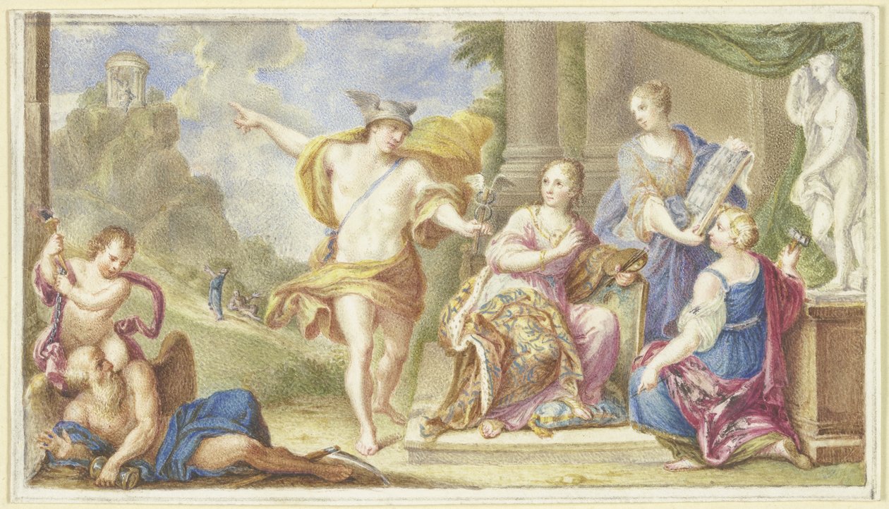 Mercure montre aux arts le chemin vers un sanctuaire situé sur une hauteur escarpée - Arnold Houbraken
