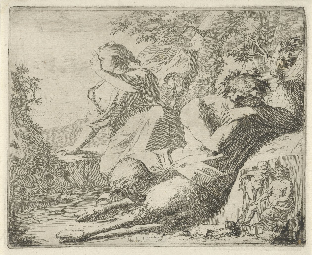Satyre et figure féminine se couvrant les yeux contre la lumière du soleil Scène d