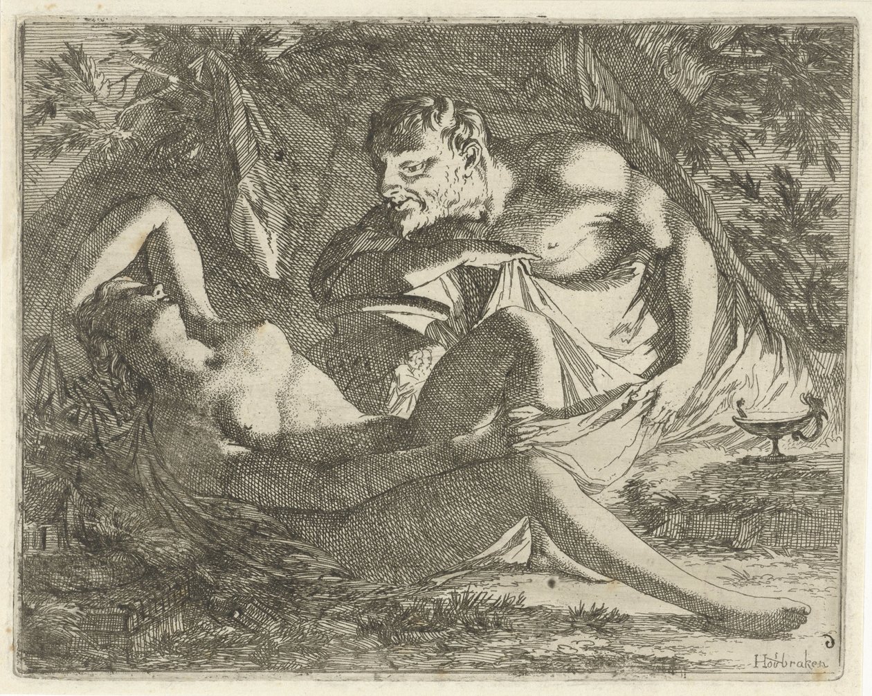 Nymphe endormie espionnée par un satyre - Arnold Houbraken