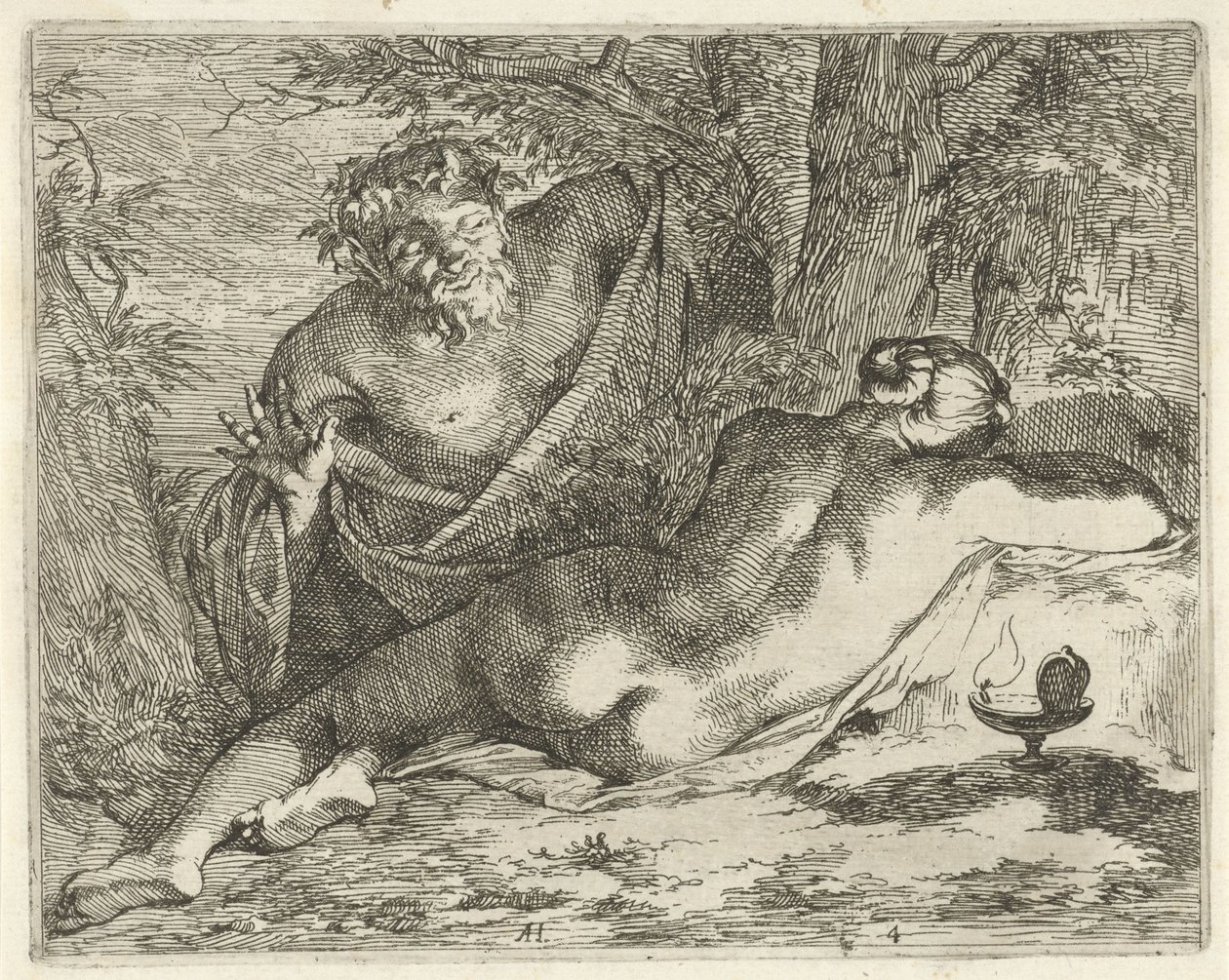 Nymphe endormie espionnée par un satyre - Arnold Houbraken