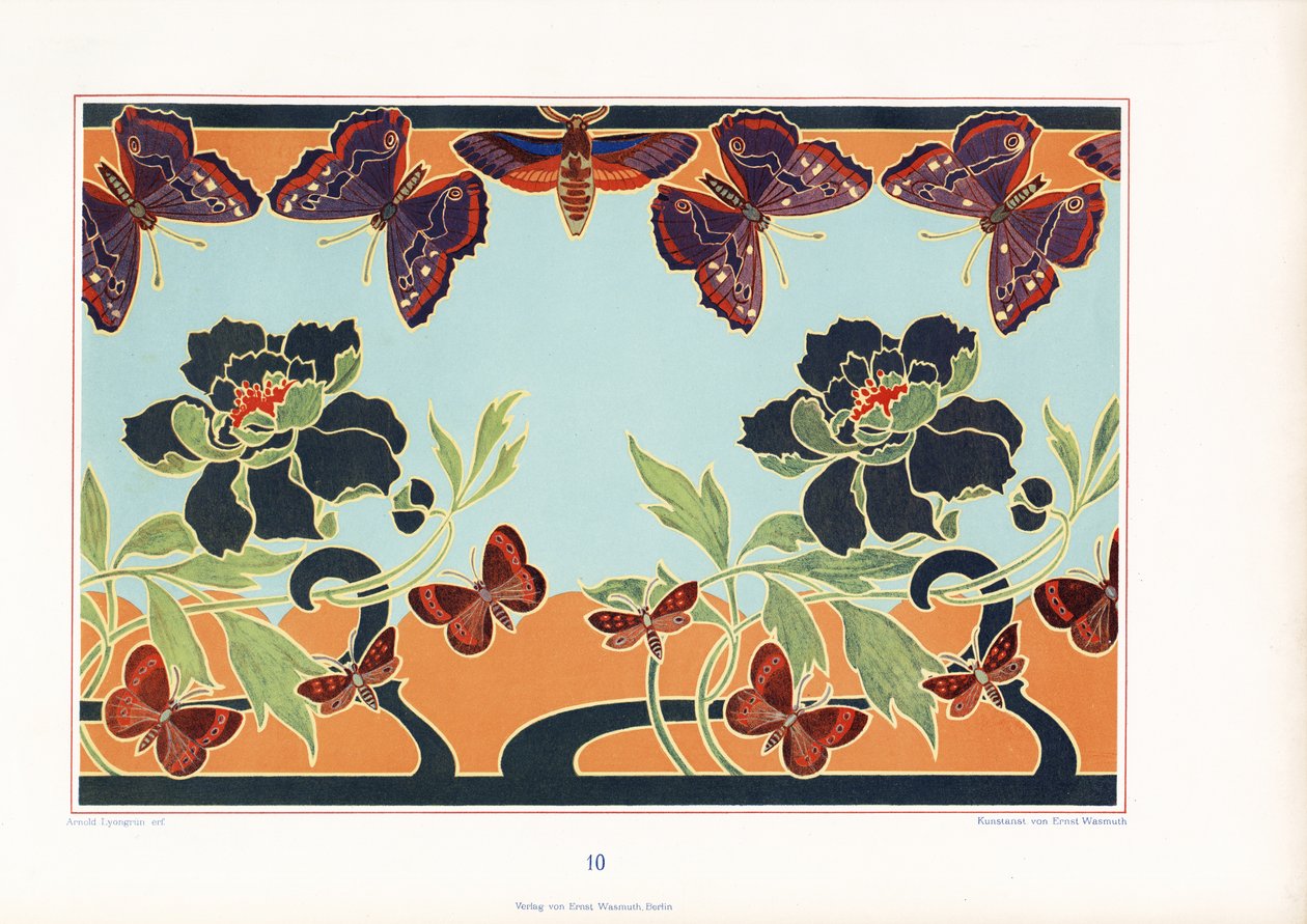 Bordure avec pivoines et papillons (litho) - Arnold Lyongrün