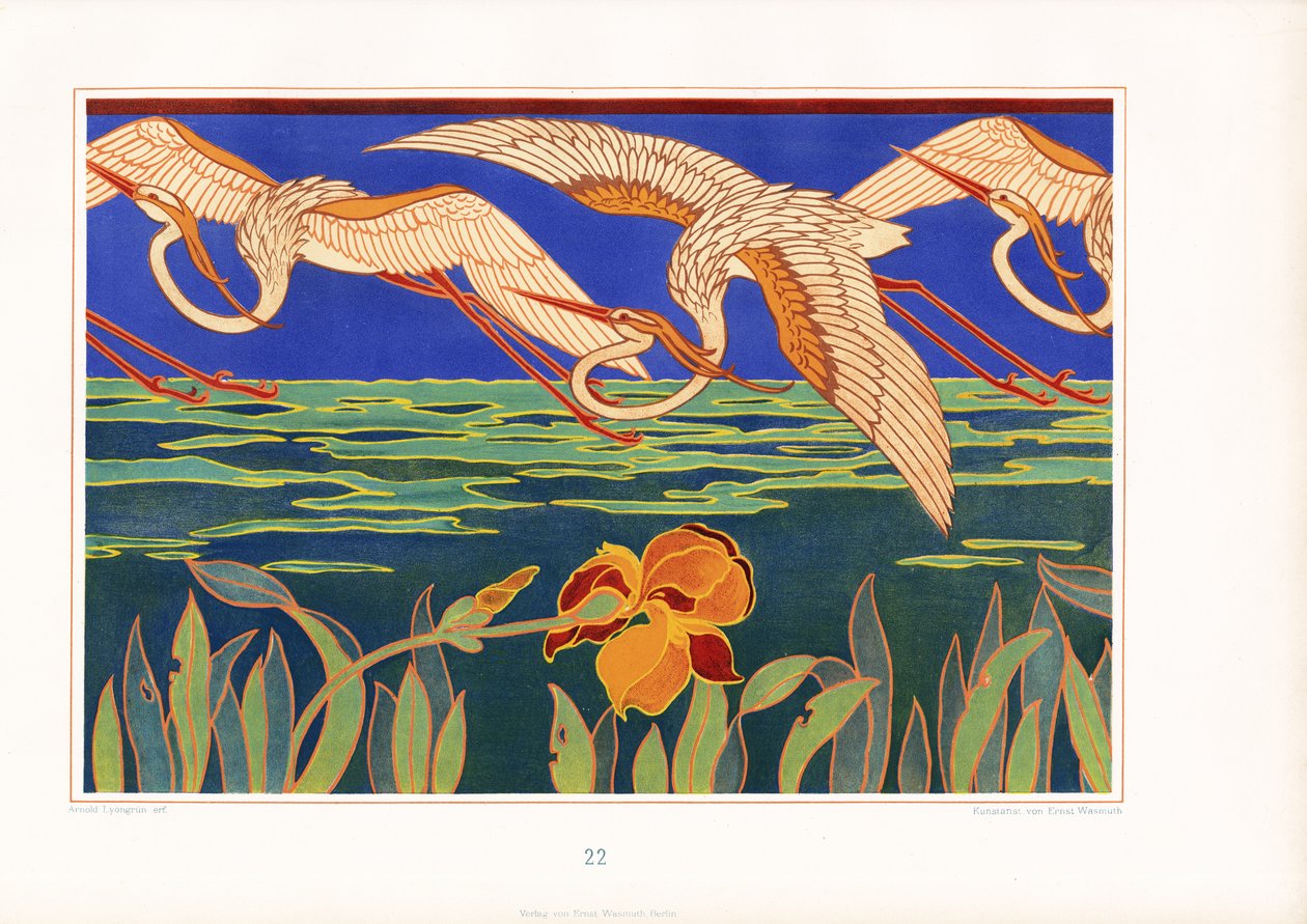 Frise décorative Art Nouveau avec des hérons sur un paysage d