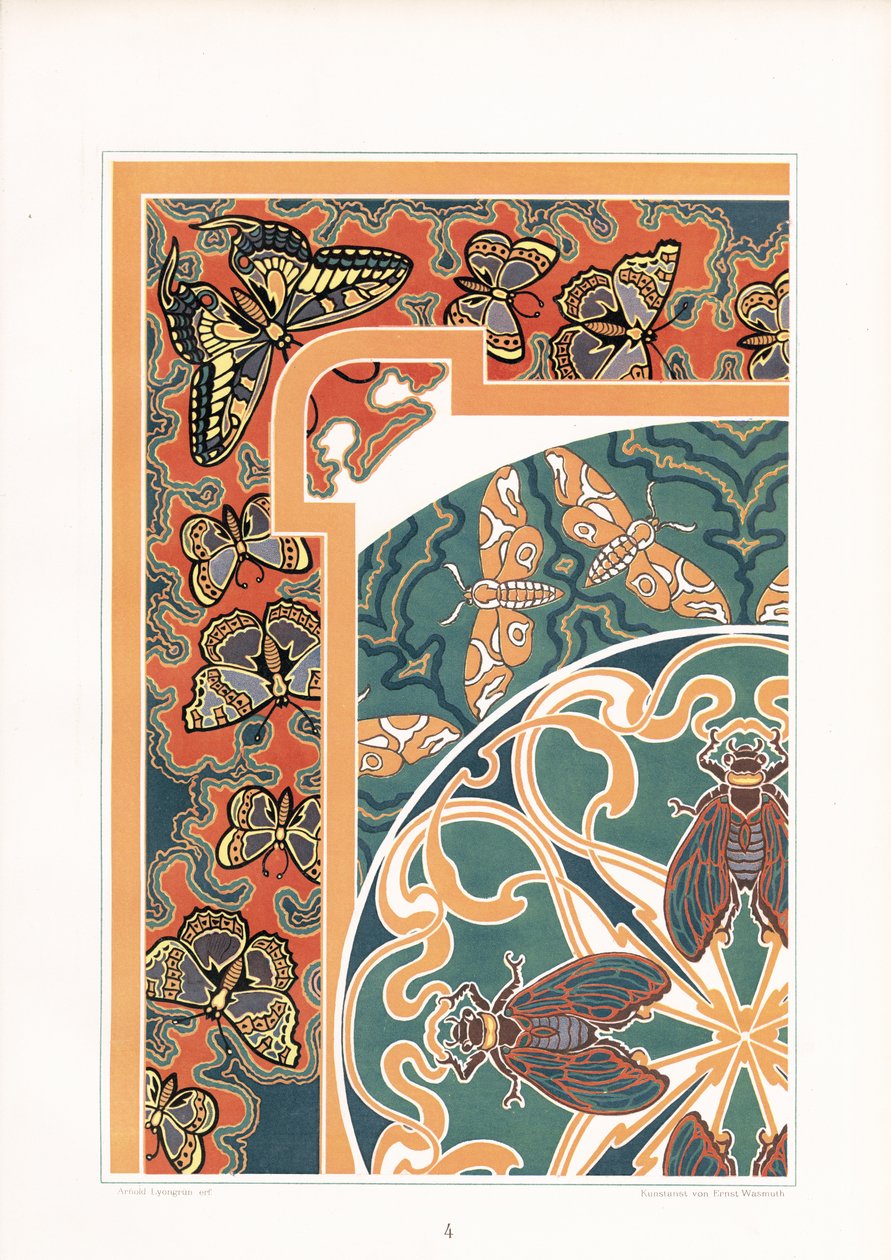 Cadre décoratif avec papillons et cigales (litho) - Arnold Lyongrün