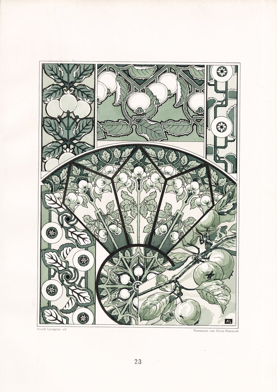 Motifs de fruits dans les tons verts (lithographie) - Arnold Lyongrün