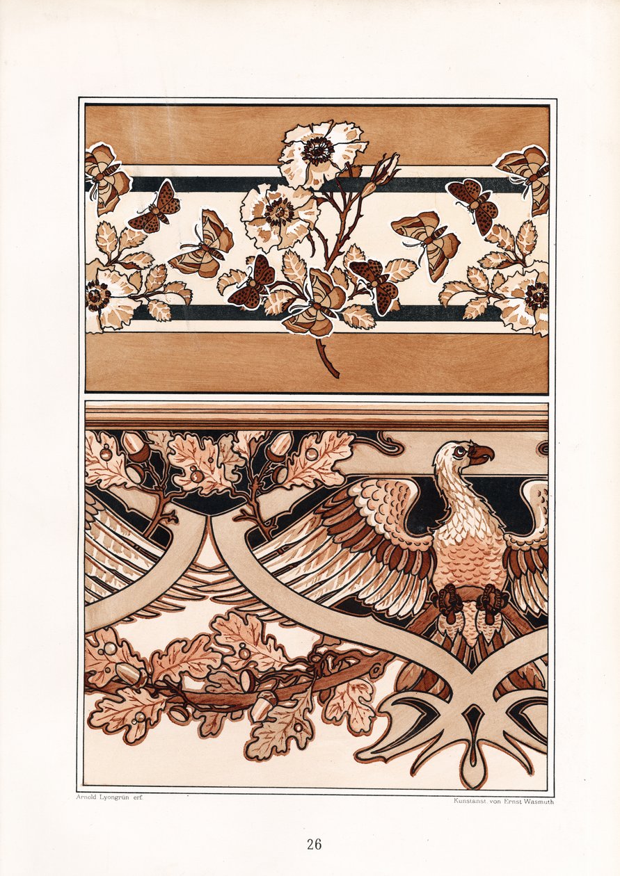 Compositions ornementales avec fleurs, papillons et aigle (litho) - Arnold Lyongrün