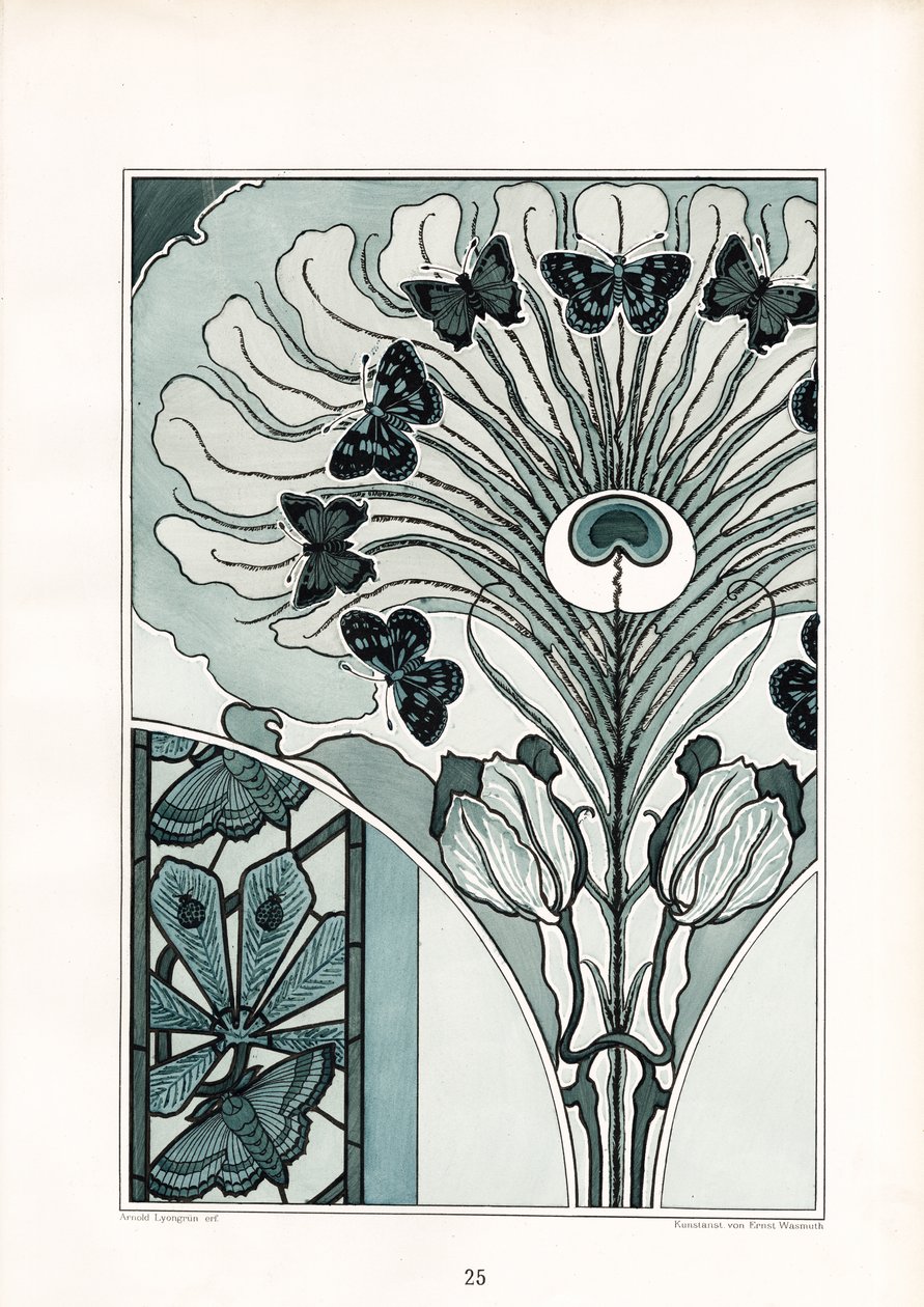 Ornement en plumes de paon avec papillons et tulipes (litho) - Arnold Lyongrün