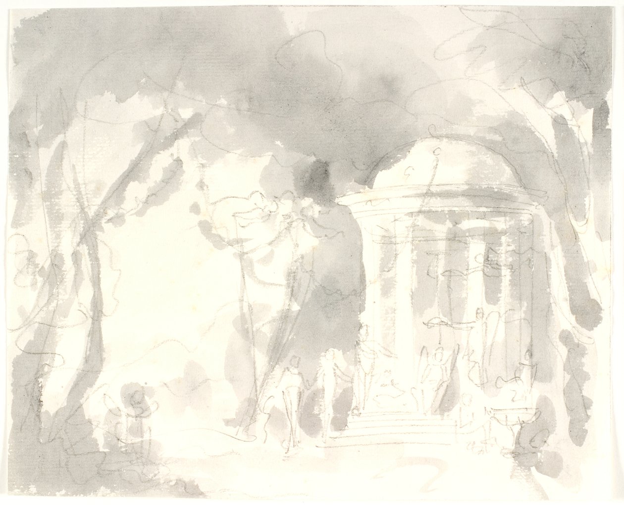 Temple rond avec figures ailées entouré d