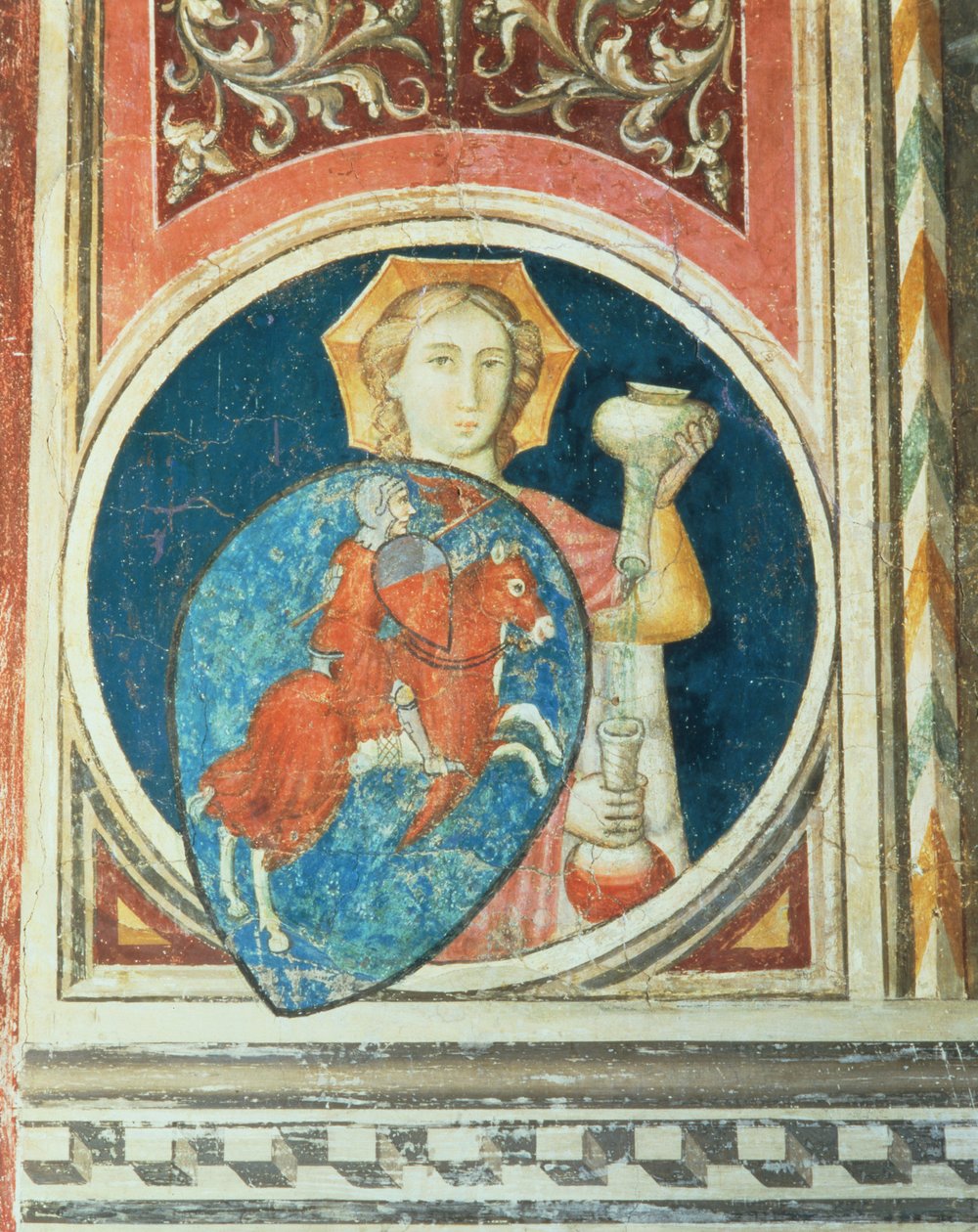Figure allégorique de la Tempérance, une des nombreuses représentations des Vertus encadrant la Justice Militante du Salone del Consiglio - Arrigo di Niccolo