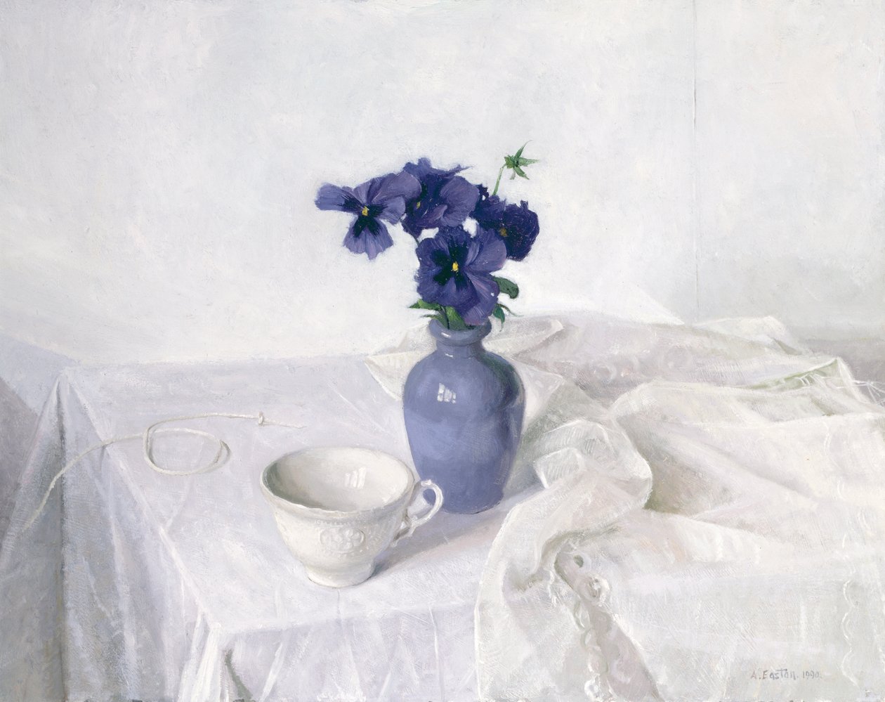 Pensées dans un vase bleu, nature morte - Arthur Easton