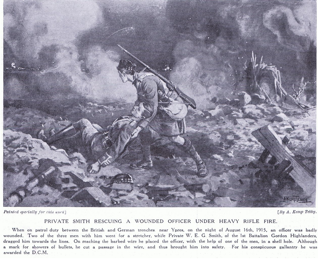 Le Soldat Smith sauvant un officier blessé sous un feu nourri, décoré de la DCM Ypres août 1915 - Arthur Kemp Tebby