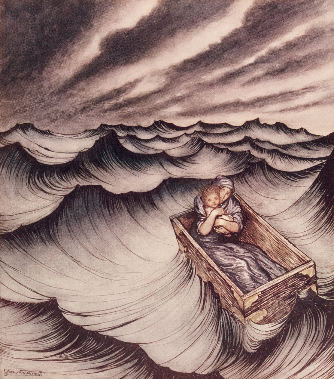 Danaé et son fils Persée mis dans un coffre et jetés à la mer, 1914 - Arthur Rackham