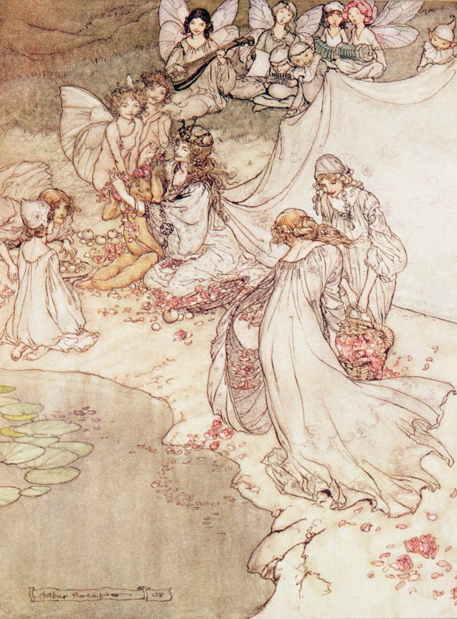Illustration pour un conte de fées, la reine des fées couvrant un enfant de fleurs - Arthur Rackham