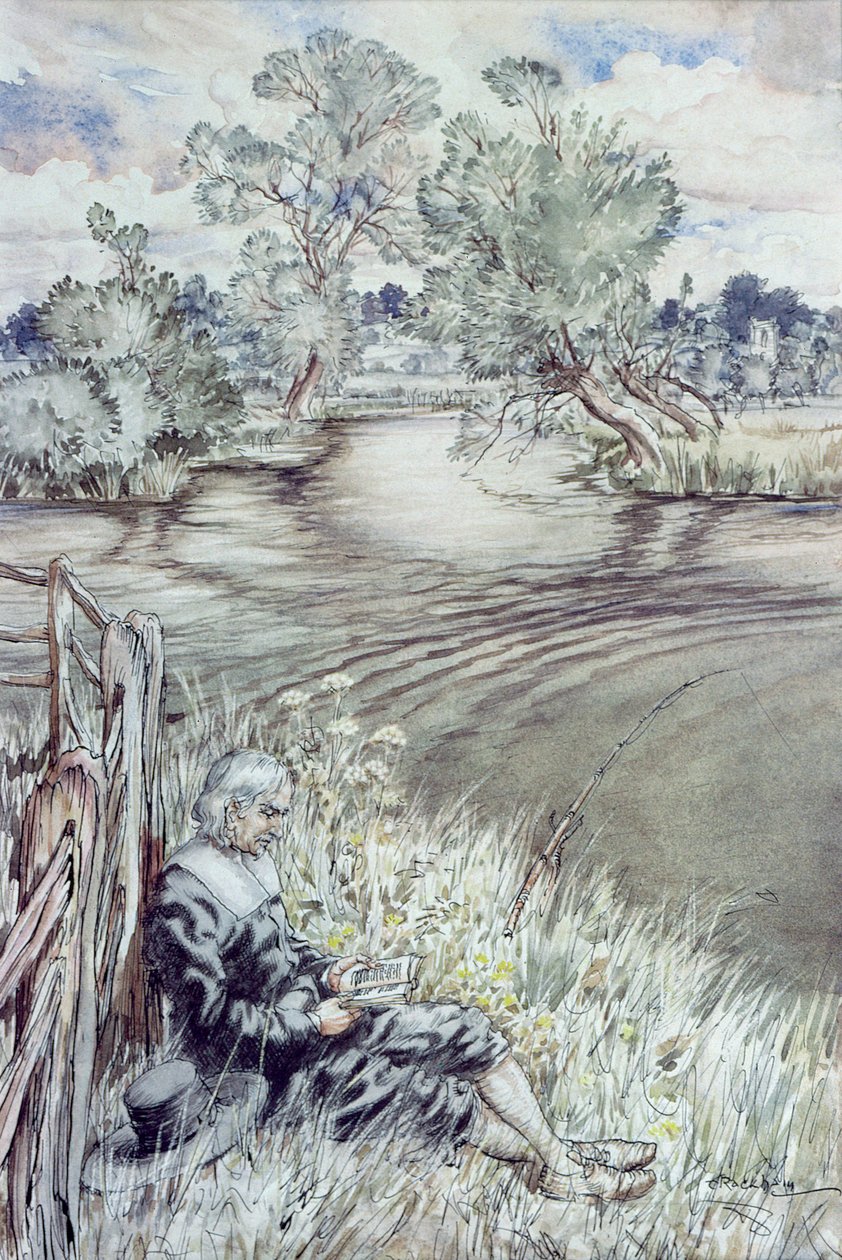 Izaak Walton allongé contre une clôture, de 