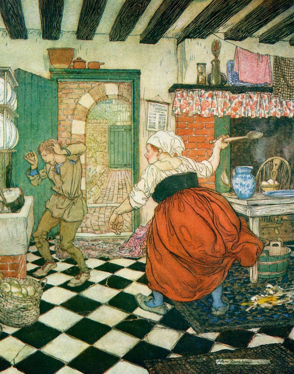 Nombreuses sont les fois où il a été battu par le balai ou la louche, illustration de Dick Whittington et son chat, des Contes de fées anglais racontés par F.A. Steel, 1927 - Arthur Rackham