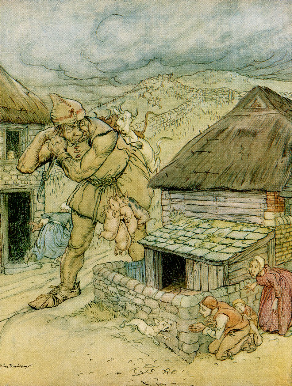 Le Géant Cormoran était la terreur de toute la campagne, illustration de Jack le Tueur de Géants des Contes de fées anglais racontés par F.A. Steel, 1927 - Arthur Rackham