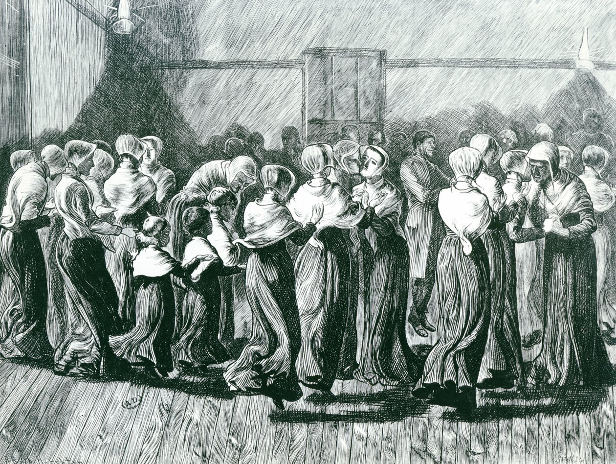 Shakers à une réunion : la danse religieuse, illustration de The Graphic, publiée le 14 mai 1870 - Arthur Boyd Houghton