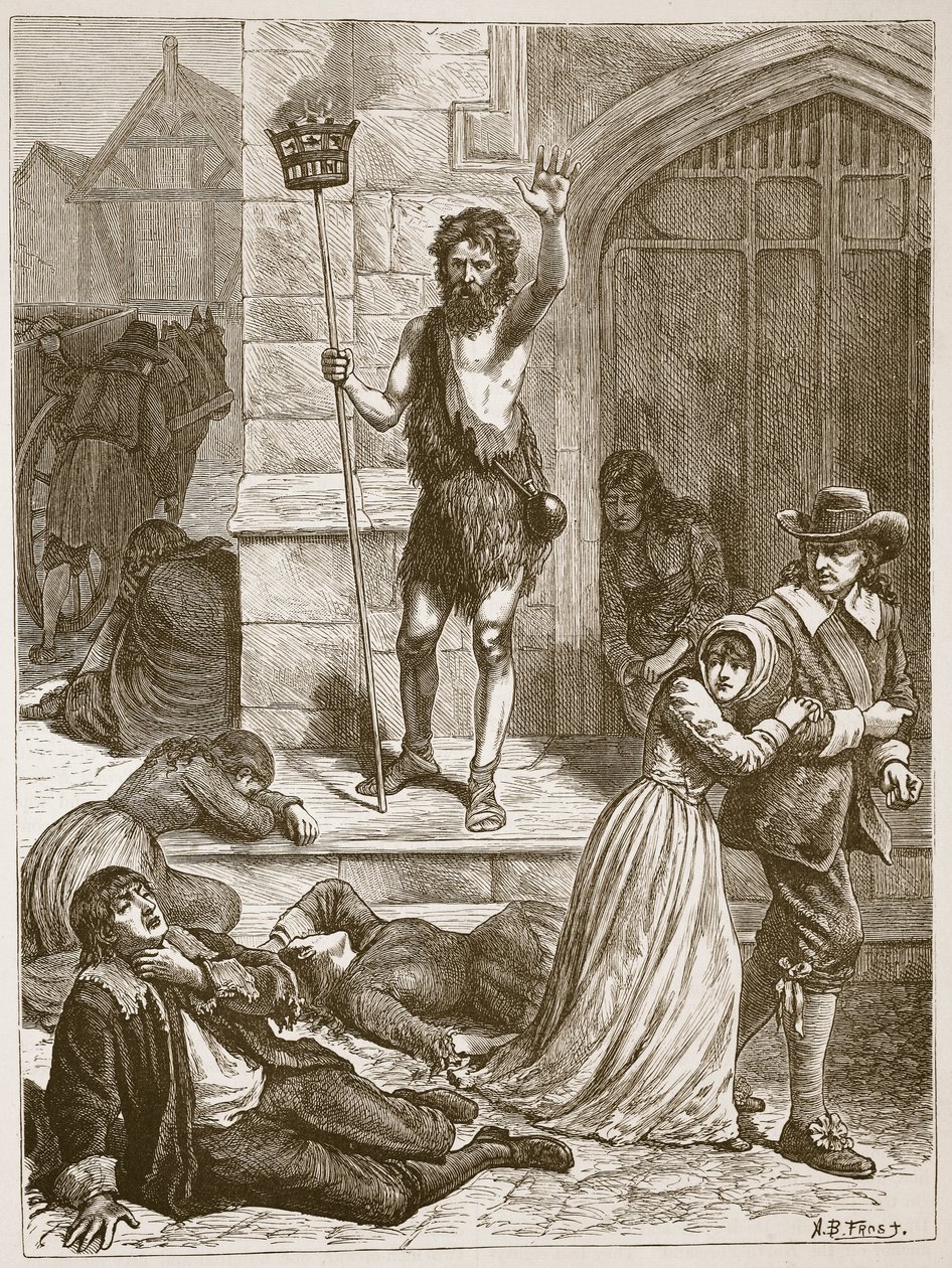 Le maniaque prononçant la condamnation de Londres pendant la Grande Peste, illustration de 