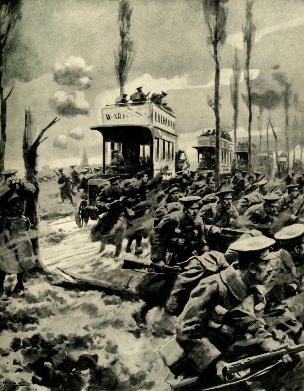 Bus londoniens utilisés pour transporter des troupes au front, Première Guerre mondiale, 1914-1918, vers 1920 - Arthur C. Michael
