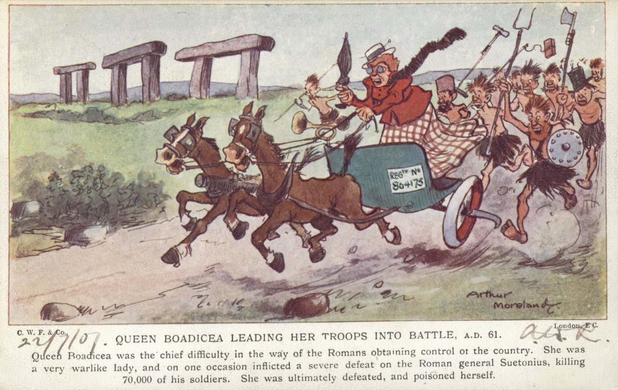 La reine Boadicée menant ses troupes au combat, 61 ap. J.-C. (lithographie en couleurs) - Arthur Moreland