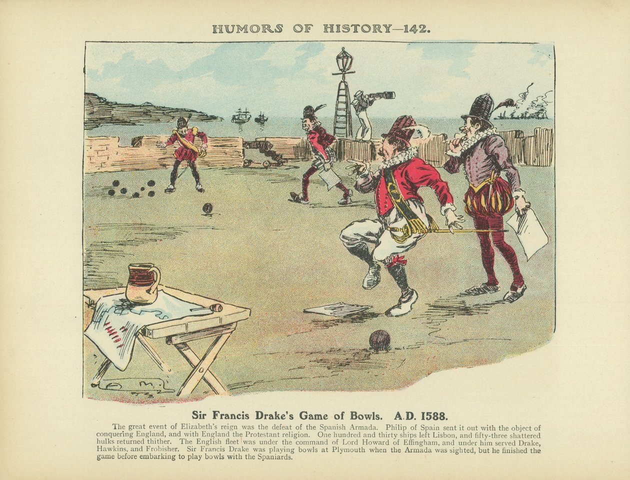 Jeu de boules de Sir Francis Drake. A.D. 1588 (lithographie couleur) - Arthur Moreland