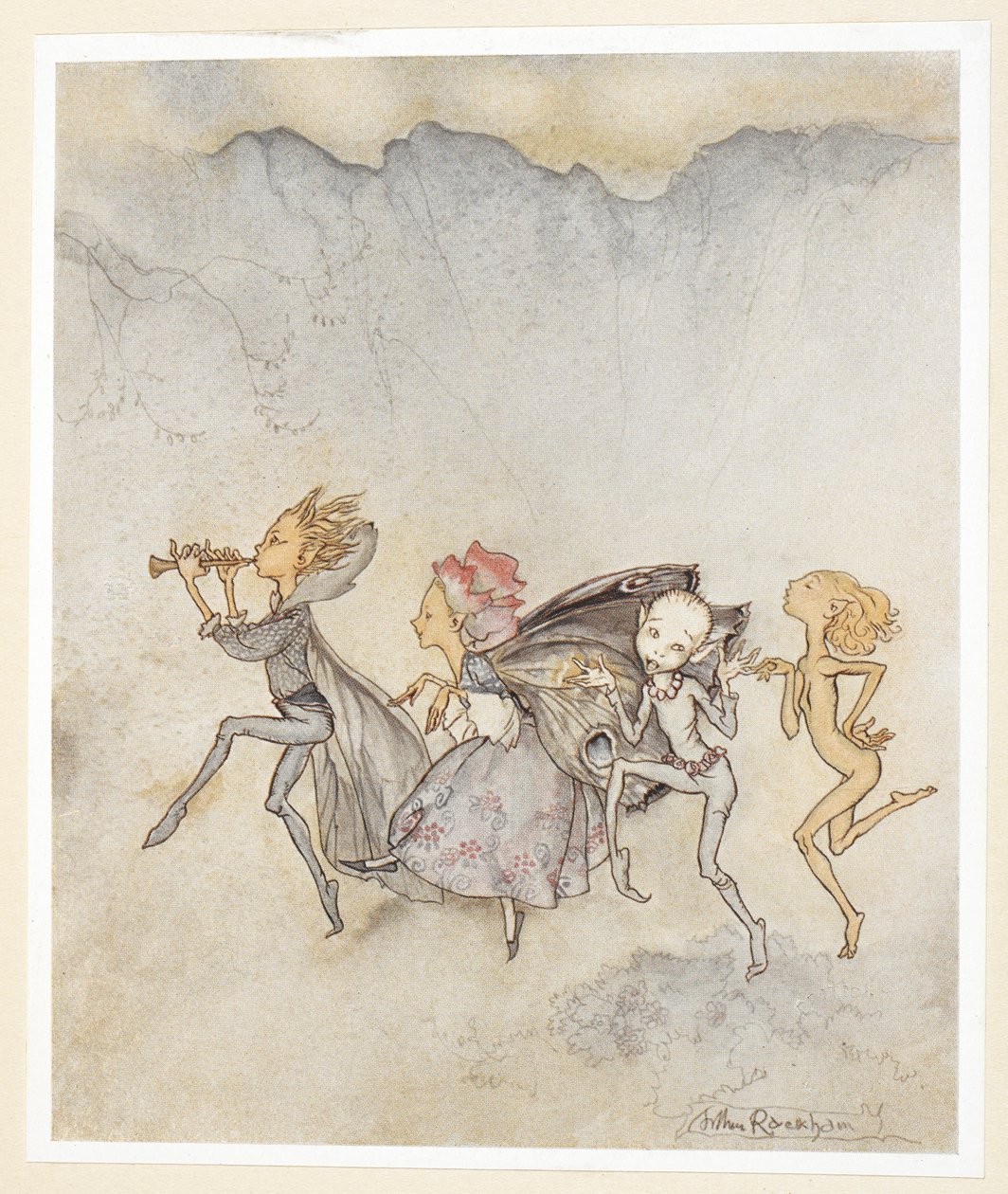 ACTE IV : Scène I, ligne 46 Chacun, trébuchant sur son orteil, sera ici avec balai et grimace. Nymphes. - Arthur Rackham