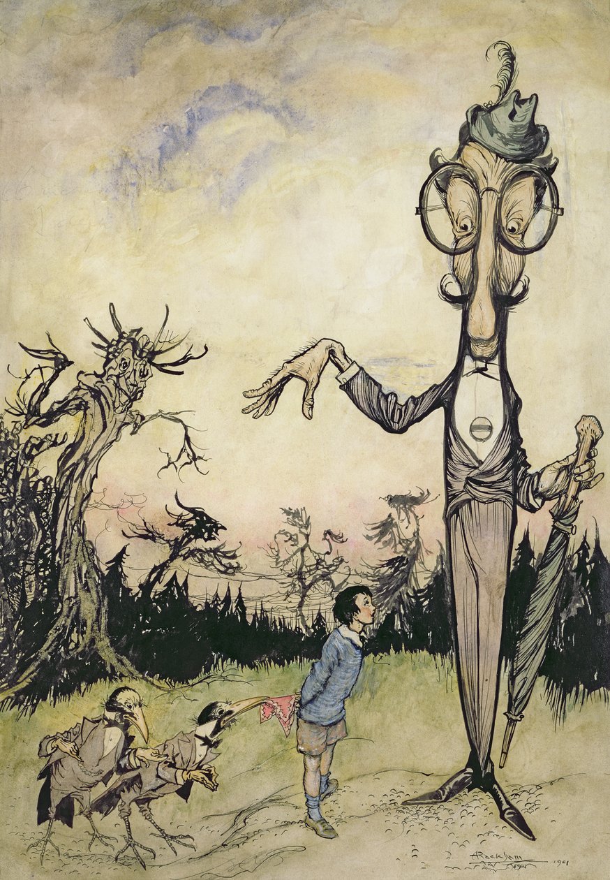 Un géant avec un enfant et deux corbeaux, illustration du Livre de Betty Barber par Maggie Brown, pub.1910 - Arthur Rackham