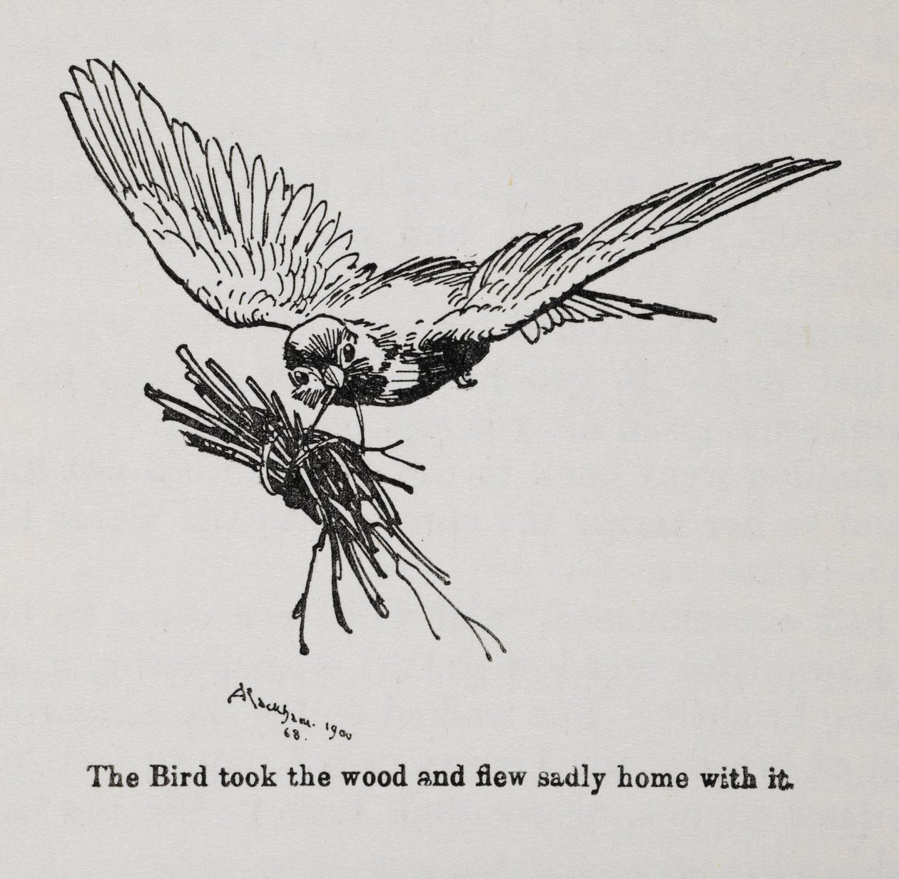 Un oiseau portant un fagot de brindilles - Arthur Rackham