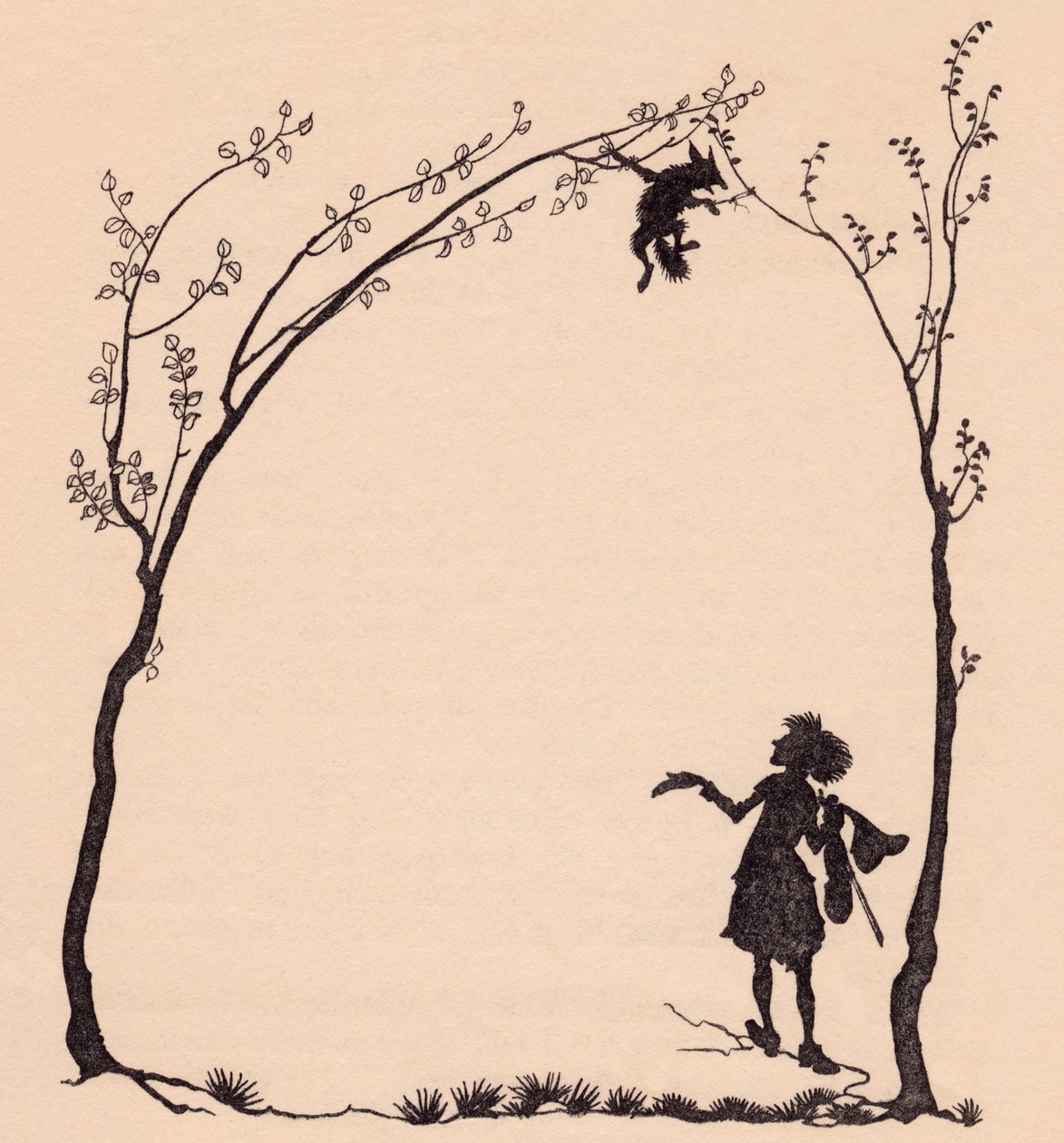 Un renard attaché par ses pattes à deux noisetiers. Illustration par Arthur Rackham du conte de Grimm, Le Merveilleux Musicien. - Arthur Rackham