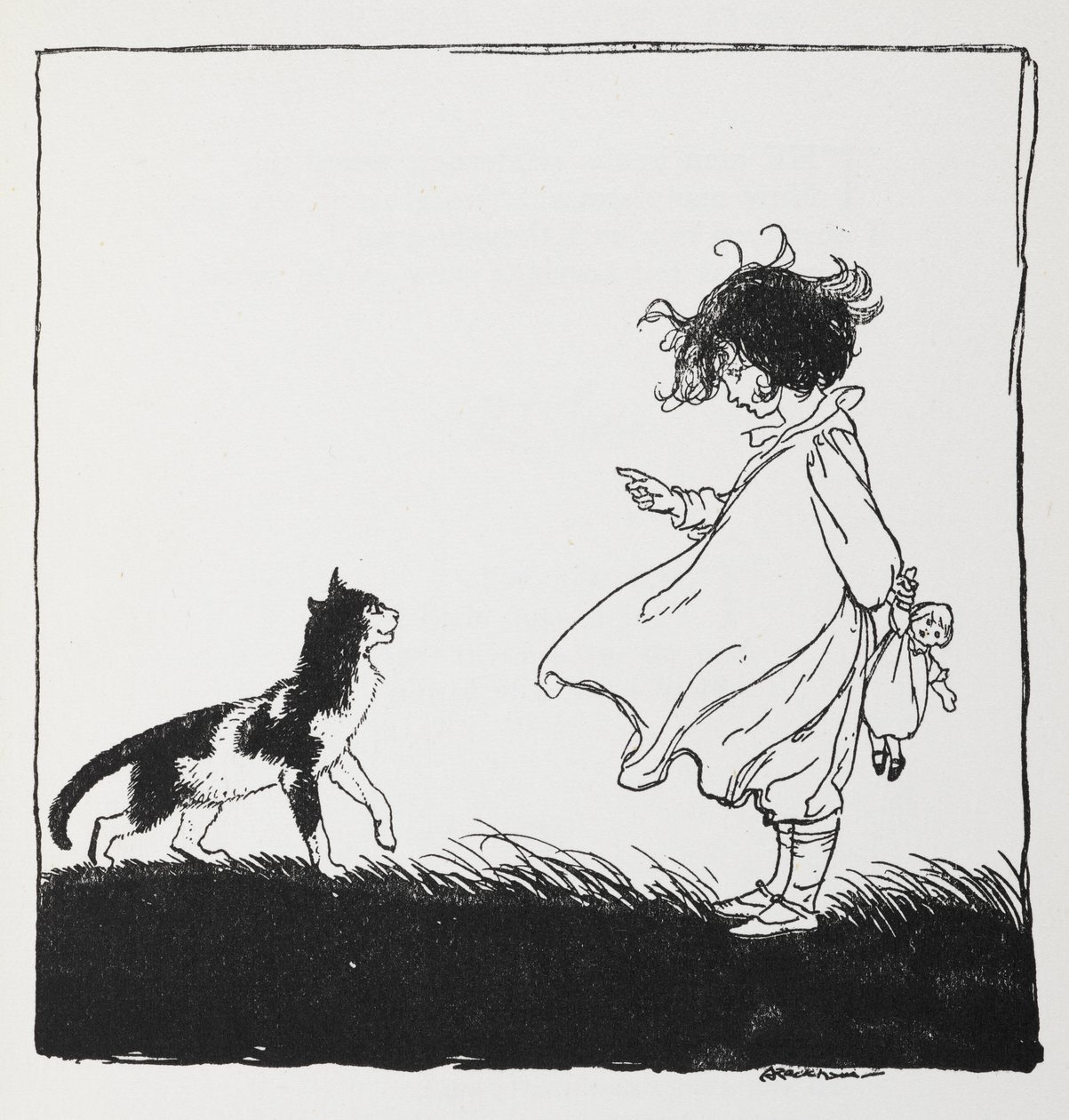 Une fille avec une poupée gronde son chat - Arthur Rackham