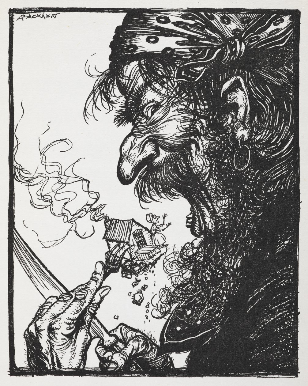 Un grand homme mangeant une petite dame et sa maison - Arthur Rackham