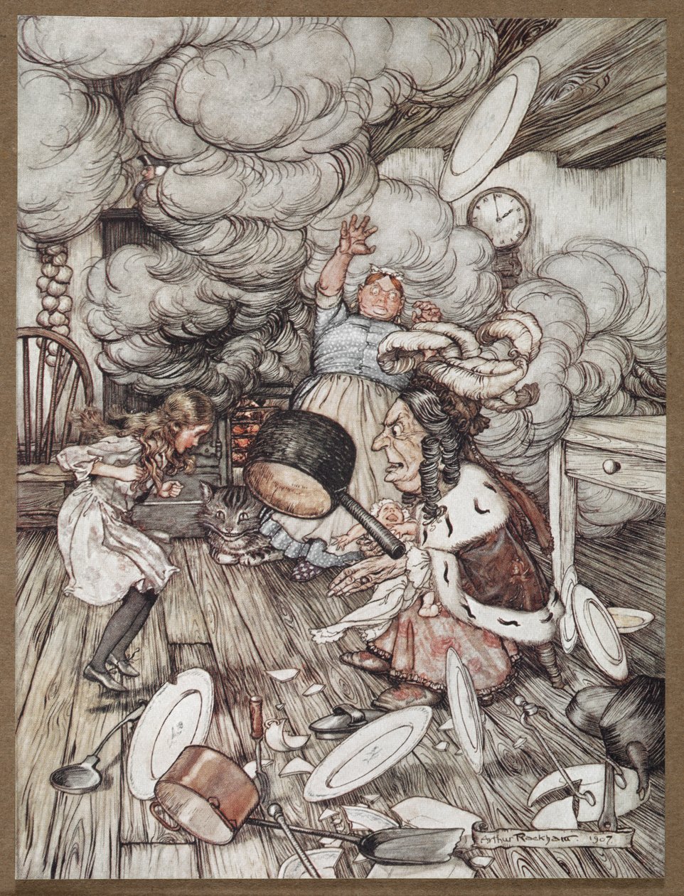 Alice dans une cuisine avec la Duchesse, un cuisinier et le Chat du Cheshire - Arthur Rackham