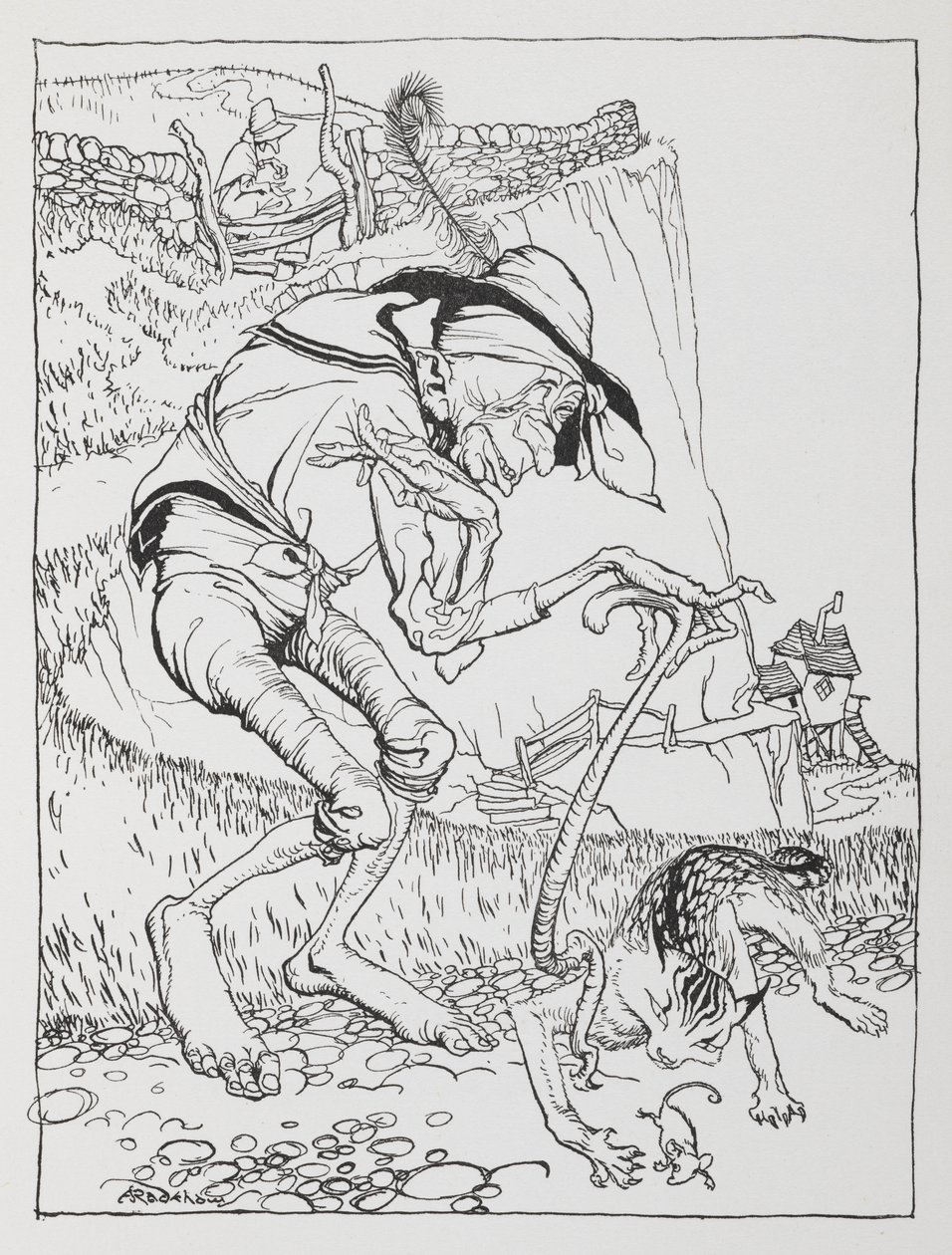 Un vieil homme tordu avec son chat tordu et sa maison tordue - Arthur Rackham