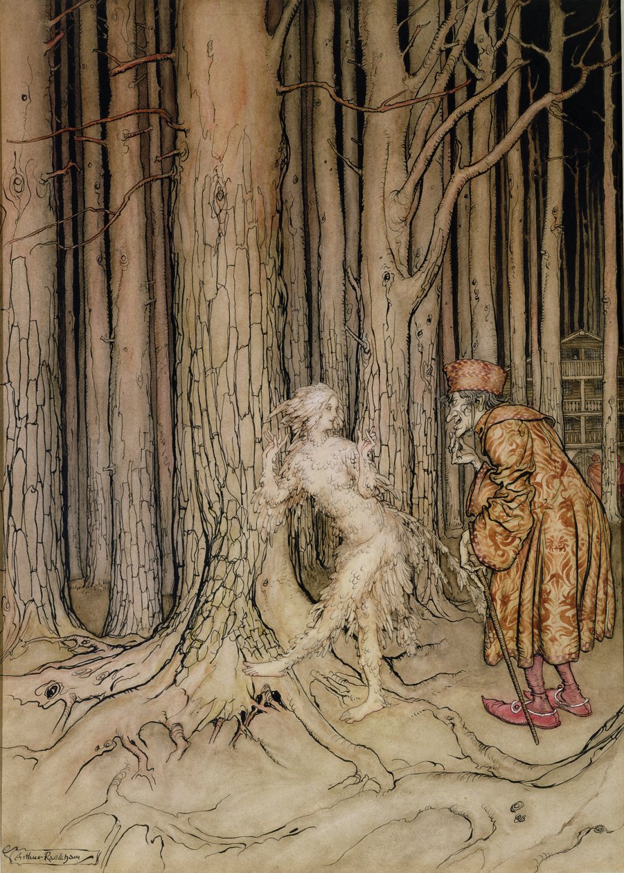 Enfin elle rencontra le marié qui revenait lentement, illustration pour Fitchers Bird, de Little Brother, Little Sister, par les frères Grimm, 1917 - Arthur Rackham