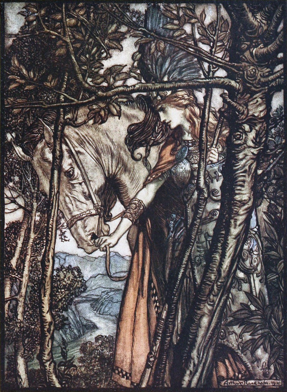 Brünnhilde mène son cheval par la bride. Illustration pour L