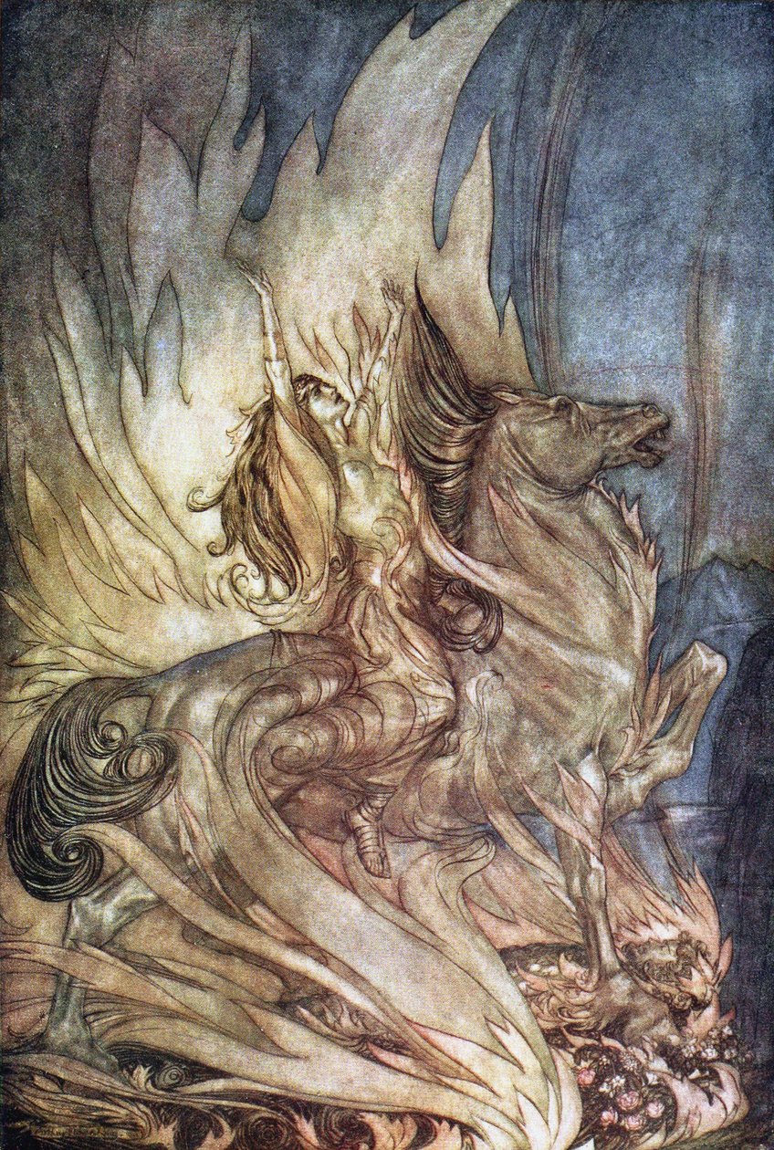 Brünnhilde sur Grane saute sur le bûcher funéraire de Siegfried. Illustration pour Siegfried et Le Crépuscule des Dieux - Arthur Rackham