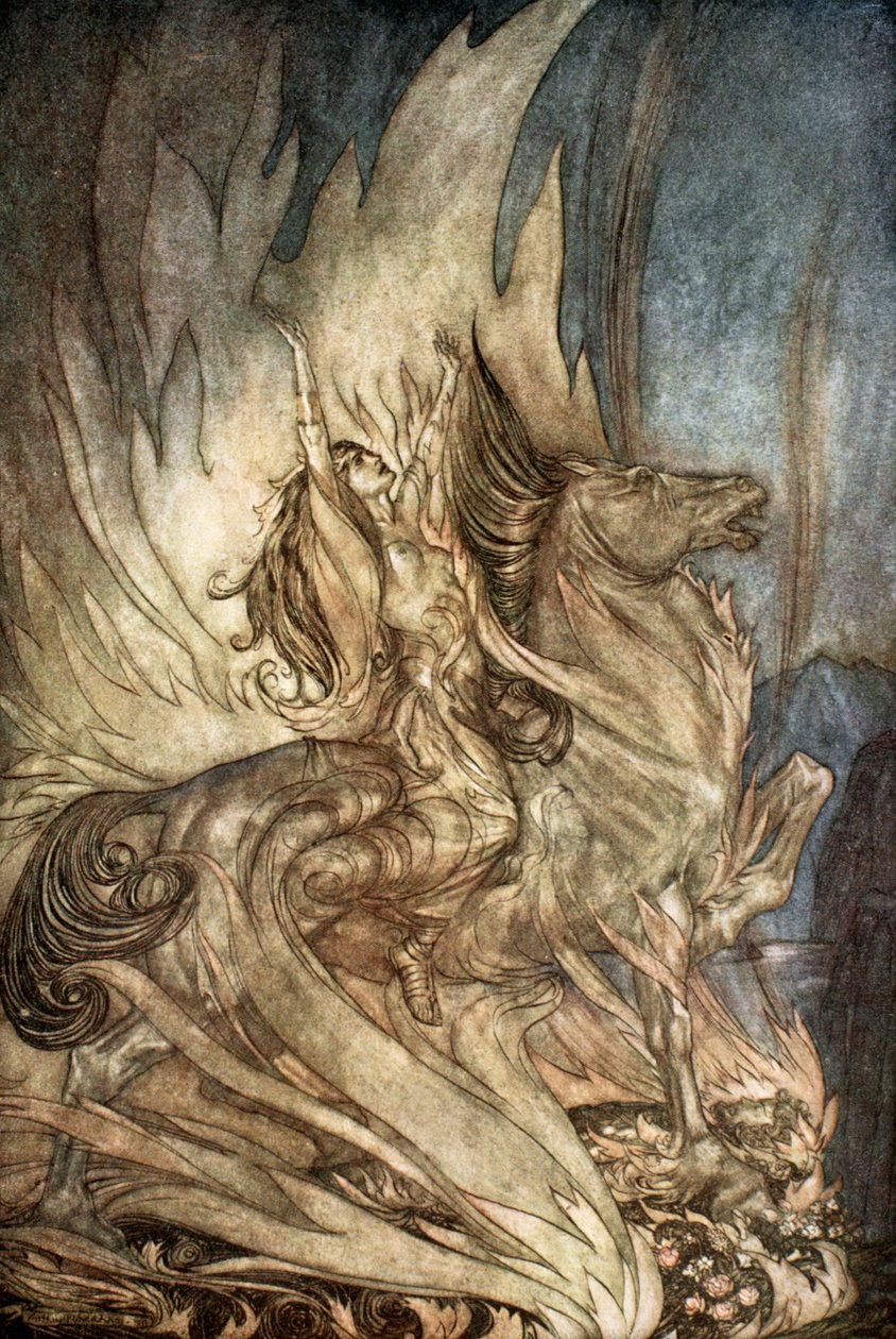 Brunnhilde sur Grane saute sur le bûcher funéraire de Siegfried - Arthur Rackham