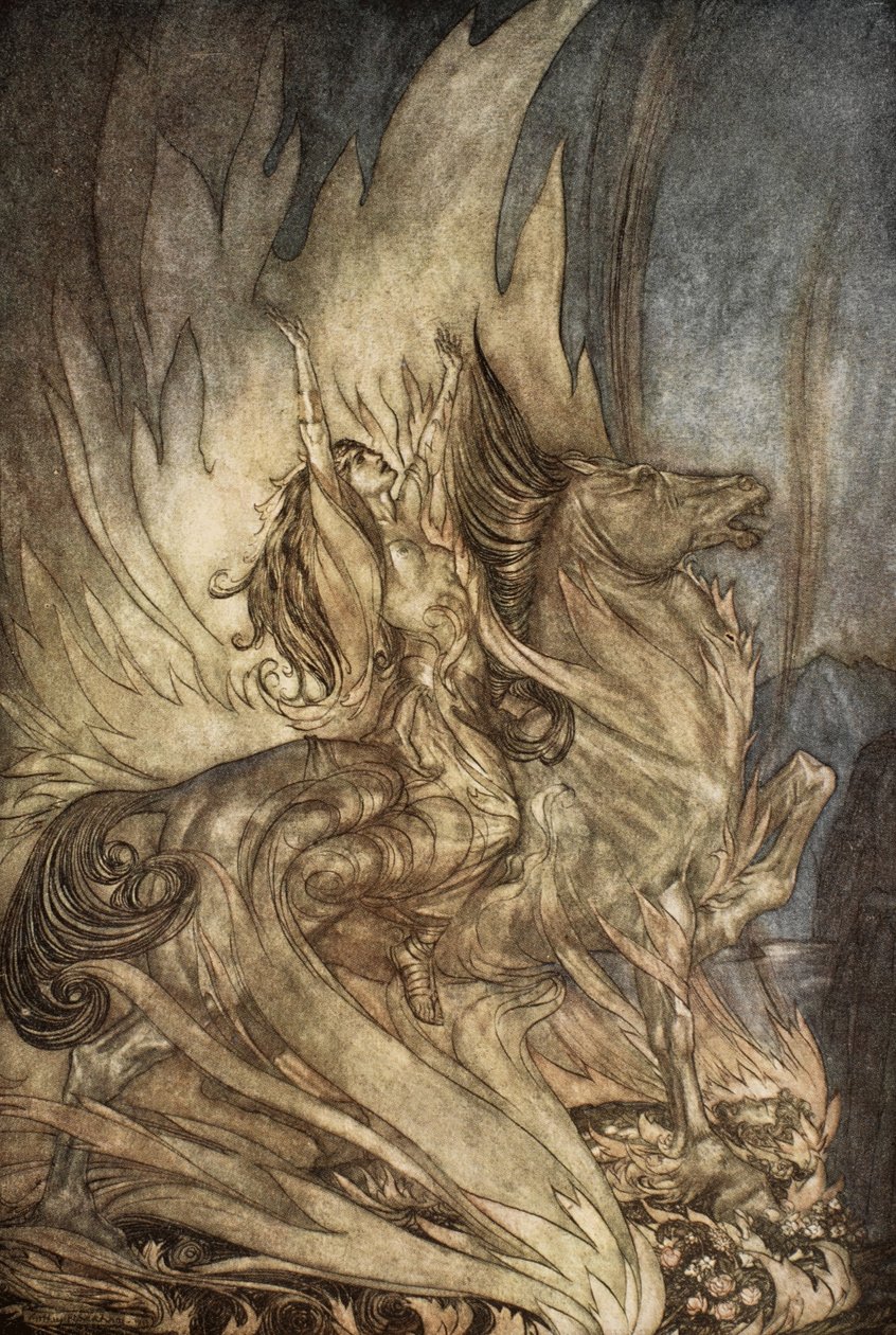 Brunnhilde sur Grane saute sur le bûcher funéraire de Siegfried, illustration de 