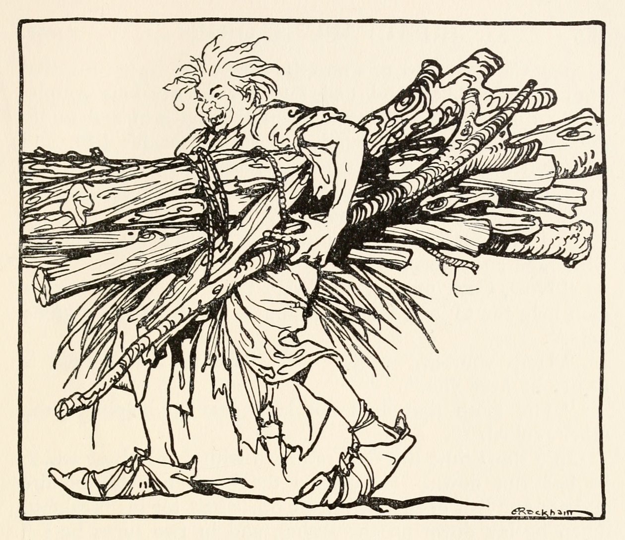 Carl construisant un abri pour la nuit de Le Carl du manteau drap dans Contes de fées irlandais - Arthur Rackham