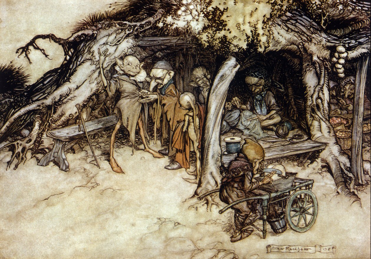 Les elfes fabriquent une veste. Illustration par Arthur Rackham pour Le Songe d