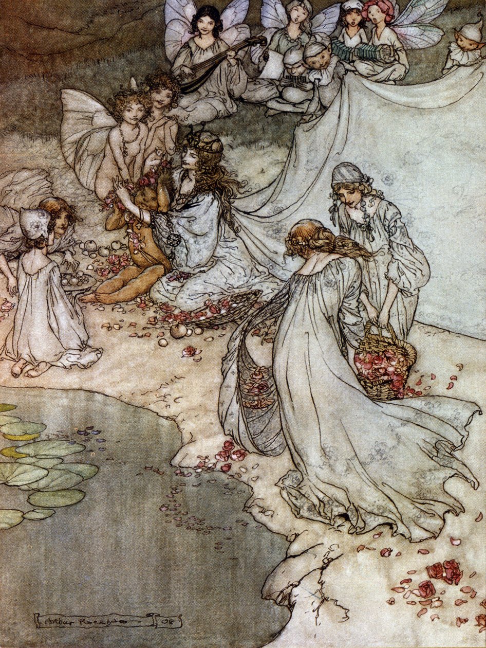 Les elfes fabriquant des colliers de roses. Illustration pour Le Songe d
