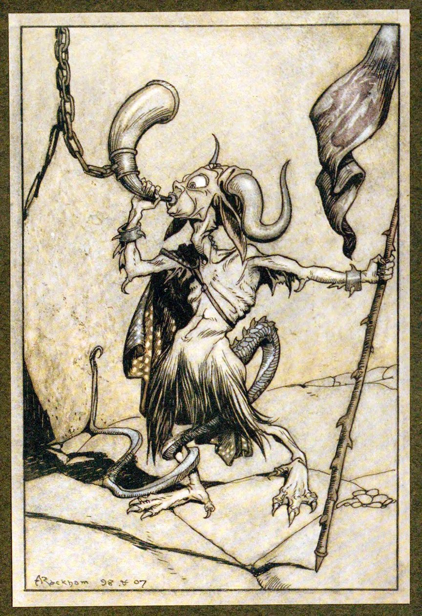 Avant que la corne à la porte de la tour du Barbican ne soit soufflée avec une puissance de vingt trompettes, 1907 - Arthur Rackham