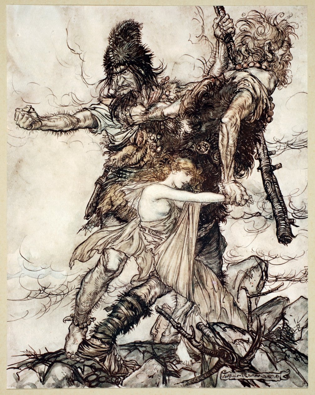 Fasolt saisit soudainement Freia et la traîne d