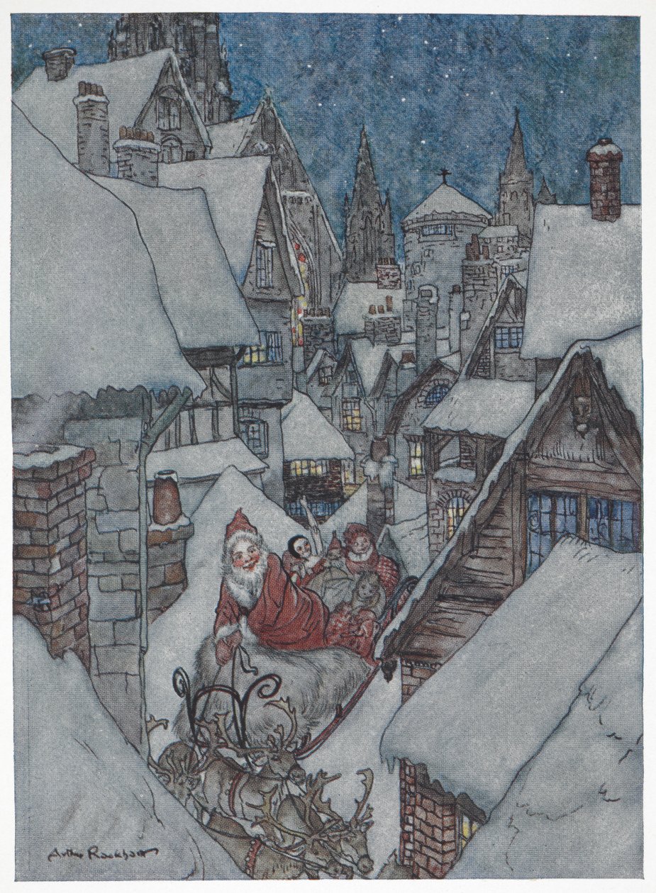 Père Noël voyageant dans les rues enneigées sur son traîneau - Arthur Rackham