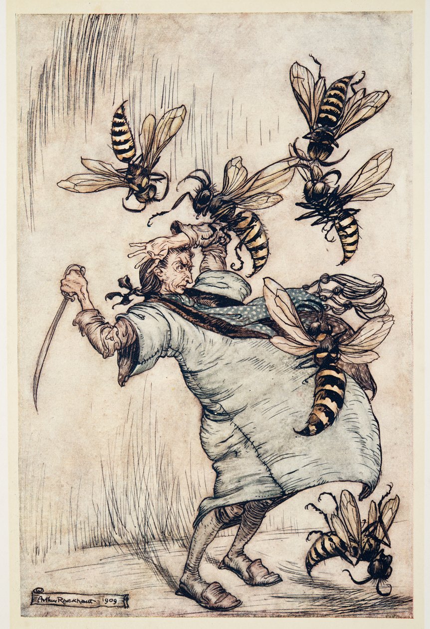 Le combat de Gulliver avec les guêpes, des Voyages de Gulliver par Jonathan Swift (1667 - 1745), pub. 1909 - Arthur Rackham