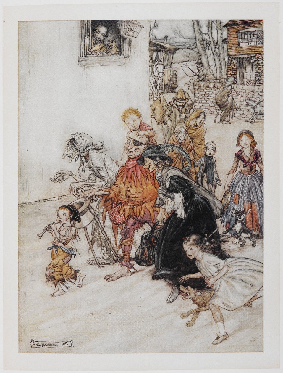 Écoutez ! Écoutez ! Les chiens aboient. Une collection de personnages, y compris un bouffon, des vieilles femmes et des enfants, marchant dans les rues - Arthur Rackham