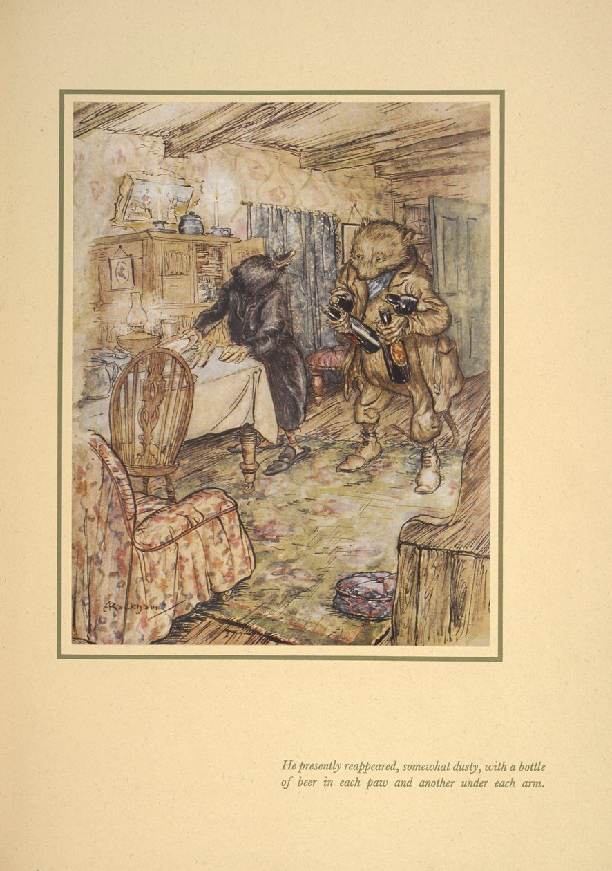 Il réapparut bientôt, quelque peu poussiéreux, avec une bouteille de bière sous chaque bras. - Arthur Rackham