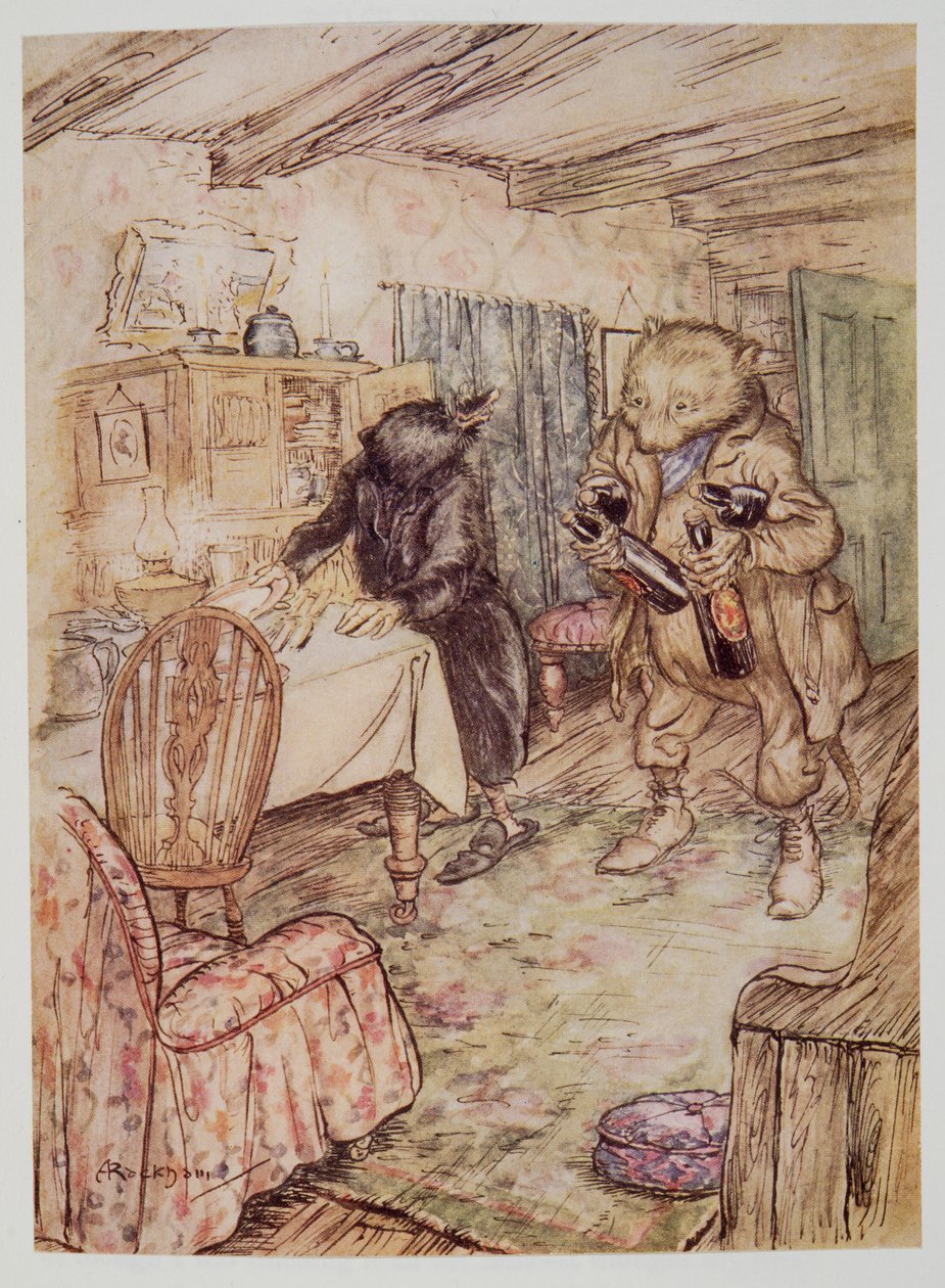 Il réapparut bientôt, quelque peu poussiéreux, avec une bouteille de bière dans chaque patte et une autre sous chaque bras, de Wind in the Willows par Kenneth Grahame (1859 - 1932), pub. 1940 - Arthur Rackham