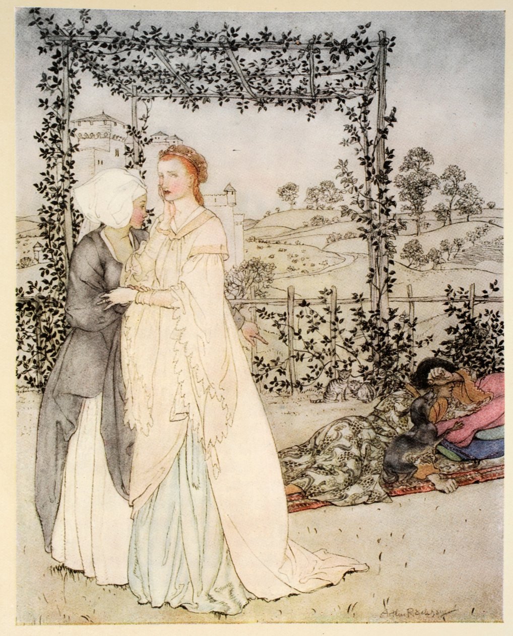 Comment Tristram fut reconnu par le petit brachet dans le jardin du château du roi Marc, illustration de 