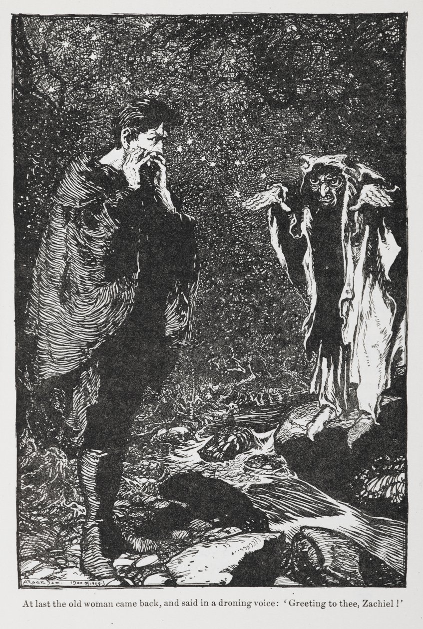 Illustration de Jorinda et Joringel de Zachiel et la vieille femme. - Arthur Rackham
